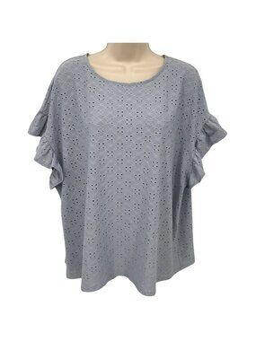 Lauren Conrad Womens Blue Eyelet Ruffle Short Sleeve Top Blouse XXL